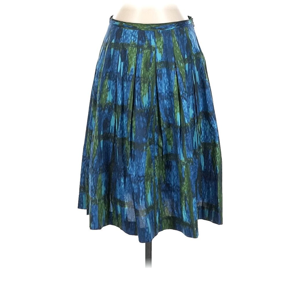 Talbots 14 Blue Green Watercolor Pleated Midi Skirt Cotton Blend Preppy A-Line